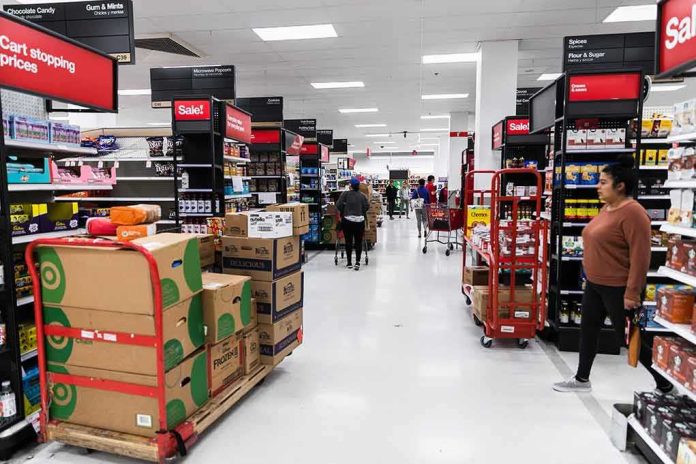 Interior of a grocery store with shelves filled with products and shoppers