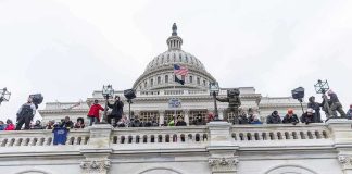 Crowd gathering outside the U.S. Capitol building.