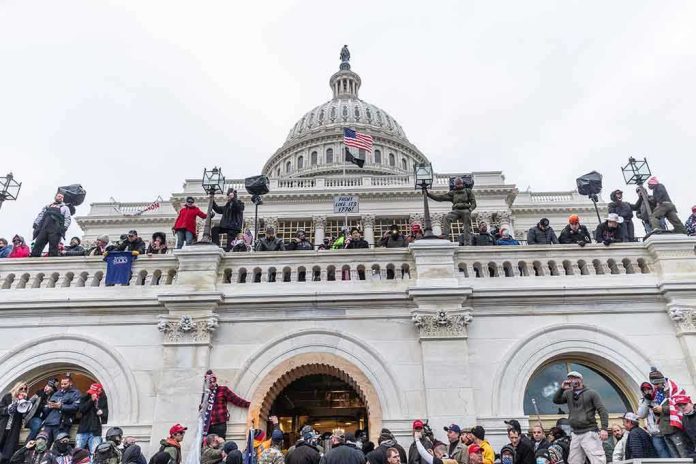 Crowd gathering outside the U.S. Capitol building.