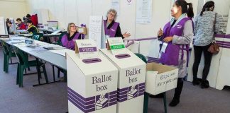 Polis Defies Critics: Halves Trump Ally’s Sentence Election polling station with ballot boxes and officials.