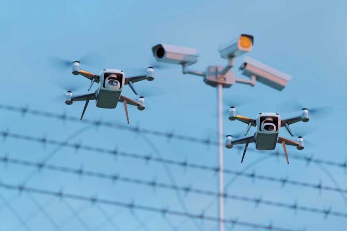 2396930995-1 Two drones flying near security cameras and fence.