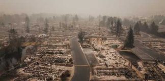 Aerial view of town destroyed by wildfire
