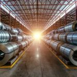 LOOK What’s REALLY Happening to STEEL in America! Interior of an industrial warehouse filled with stacked metal coils and sunlight streaming in