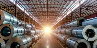 LOOK What’s REALLY Happening to STEEL in America! Interior of an industrial warehouse filled with stacked metal coils and sunlight streaming in