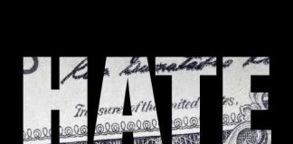 Text graphic featuring the words 'HATE CRIME' over a background of currency