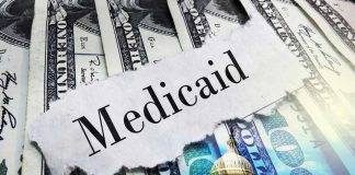 Medicaid text over cash and capitol building