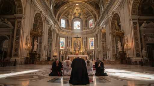 shutterstock_2762540055 Individuals kneeling in prayer inside a grand cathedral