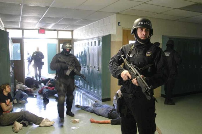 shutterstock_665892 Police officers responding to a school emergency with students on the floor