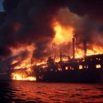 Ship engulfed in flames and smoke at sea
