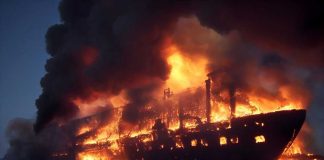 Ship engulfed in flames and smoke at sea