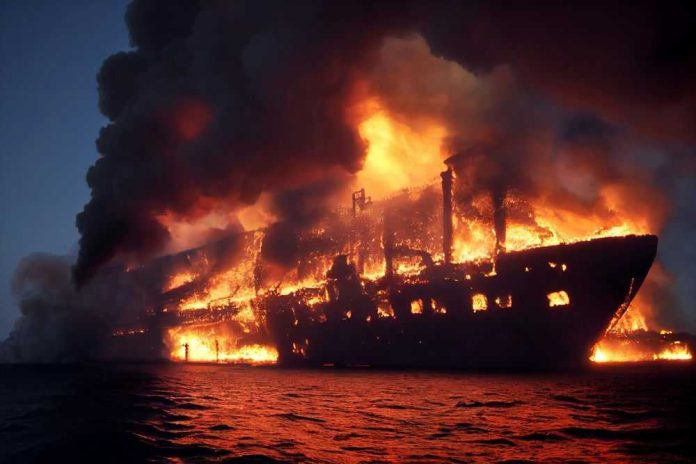 Ship engulfed in flames and smoke at sea