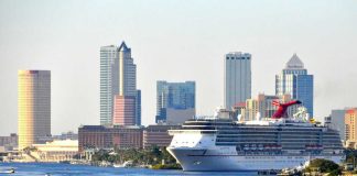 Cruise ship docked near city skyline and water.