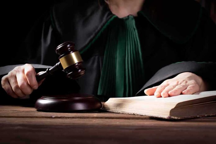 Judge in robe holding gavel beside open law book