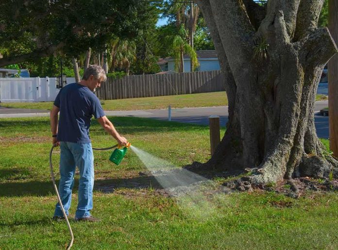 shutterstock_1734014357 Man spraying water or herbicide on lawn near large tree