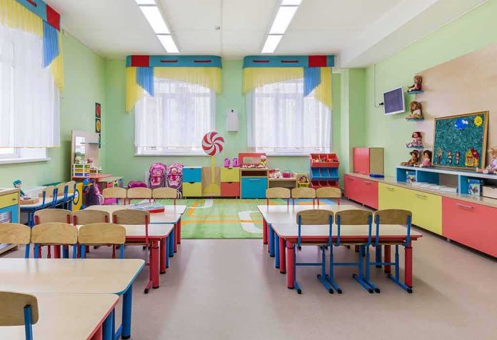 Colorful kindergarten classroom with tables and chairs