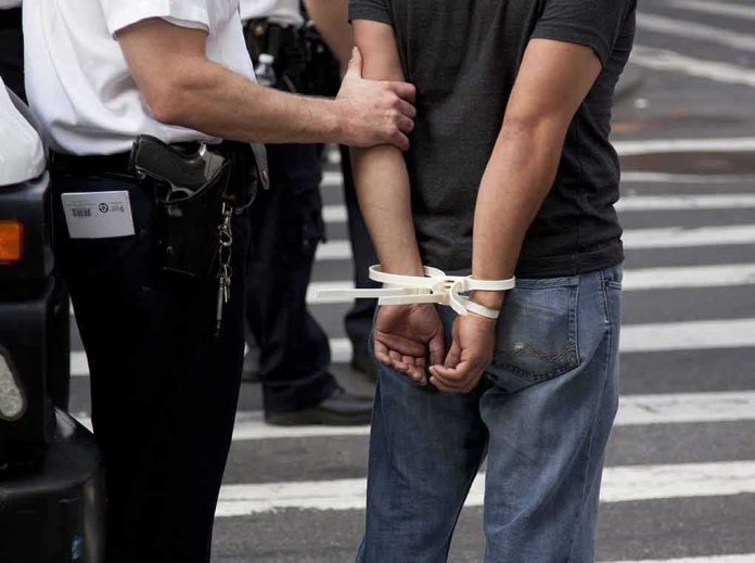 shutterstock_113188777-1 police officer detains person with hands zip-tied behind back