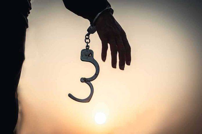 shutterstock_1334247344 Hand with open handcuff in silhouette at sunset