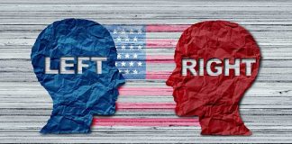 Blue and red paper head silhouettes facing each other over a faded U.S. flag