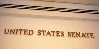 Bombshell POLICE REPORT Shadows SENATE Contender Sign displaying United States Senate in a government building
