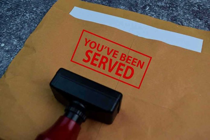 Rubber stamp on manila envelope with red served notice