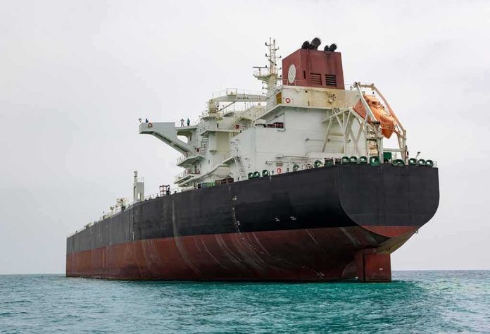 Large oil tanker anchored in calm sea