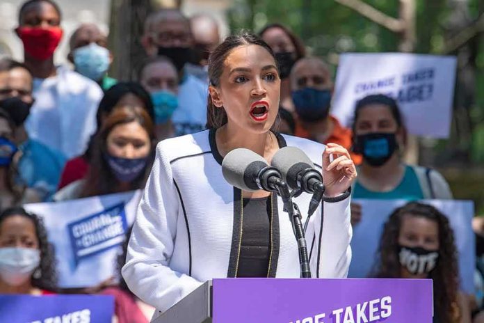 shutterstock_1987838789 Woman speaking at outdoor rally behind microphones