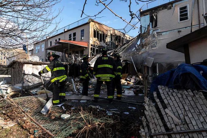Firefighters assess damage at a collapsed residential building