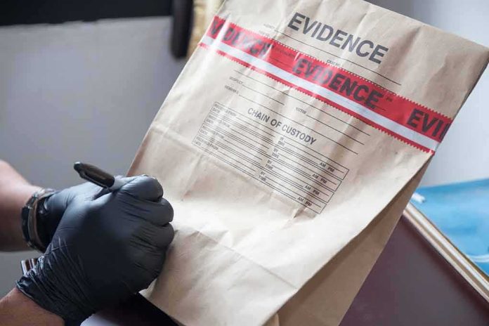 shutterstock_431385100 Gloved hands labeling a sealed evidence bag