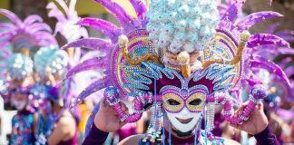 Dancer in ornate purple carnival mask and headdress