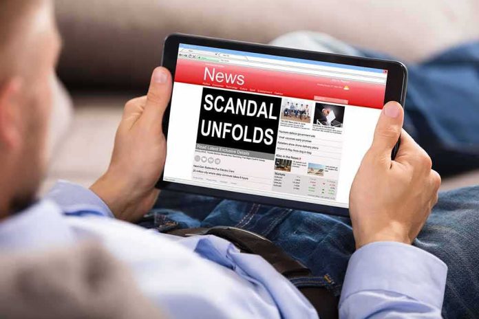 Person holding a tablet showing a news website