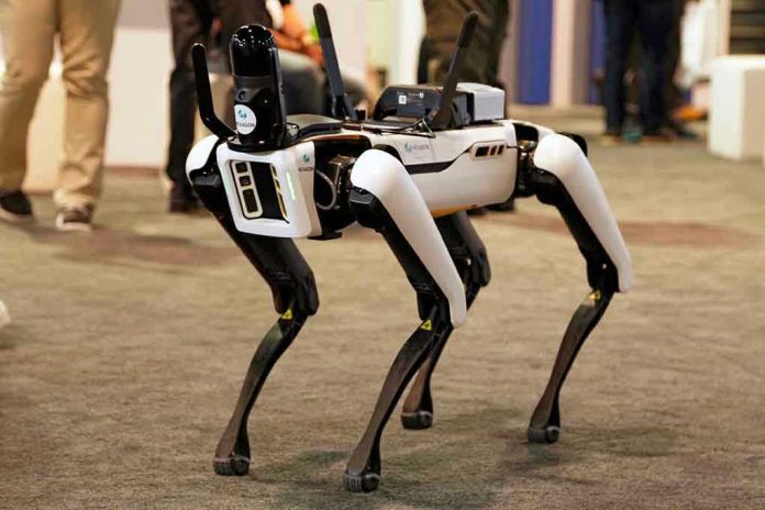 2072091020 Robotic dog standing on indoor carpeted floor.