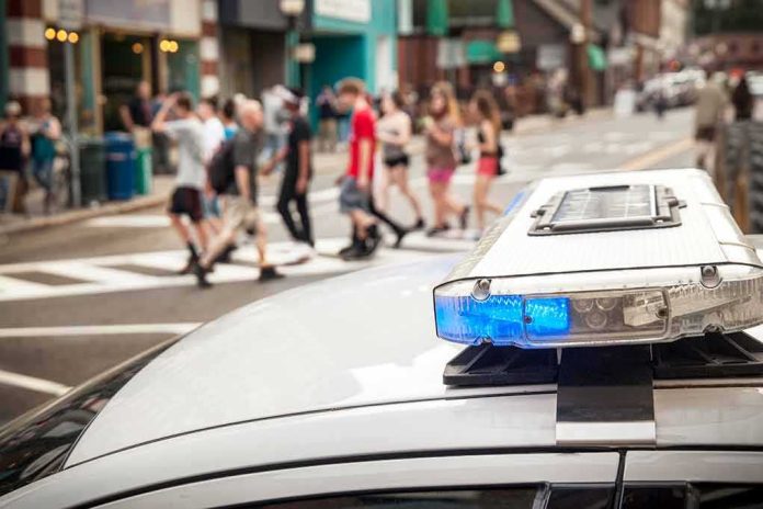 Police car lightbar with blue light near a busy crosswalk