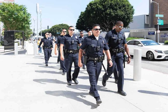 shutterstock_1124317247 Police officers walking in formation on a city sidewalk