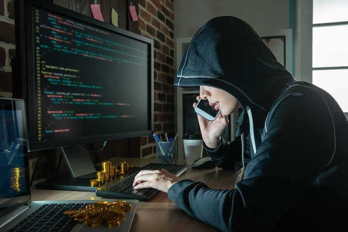 shutterstock_1166668681 Person in hoodie using computer and phone at desk