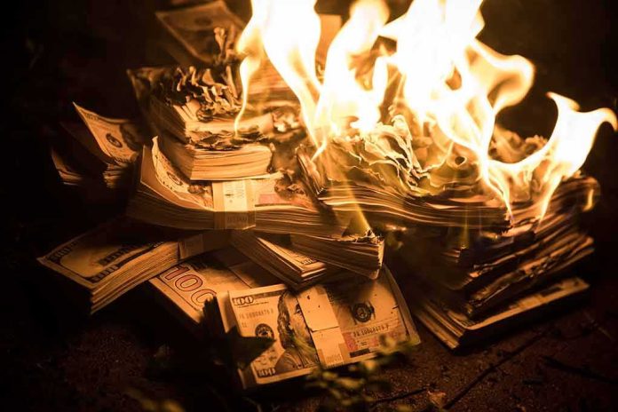 shutterstock_1251353494 Stacks of U.S. dollar bills burning in bright flames
