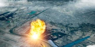 Iran’s Allies Fired On The Saudis — Then Smoke Rose Over The AIRPORT military drone launching missile over cityscape