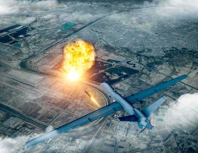 shutterstock_1604958805 military drone launching missile over cityscape