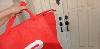 Hand holding red insulated delivery bag at a front door