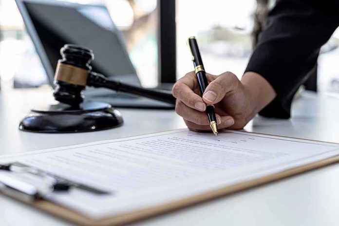 shutterstock_2103308165-2 Hand signing legal document beside gavel and laptop