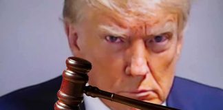 Donald Trump behind a judge’s gavel on a wooden desk