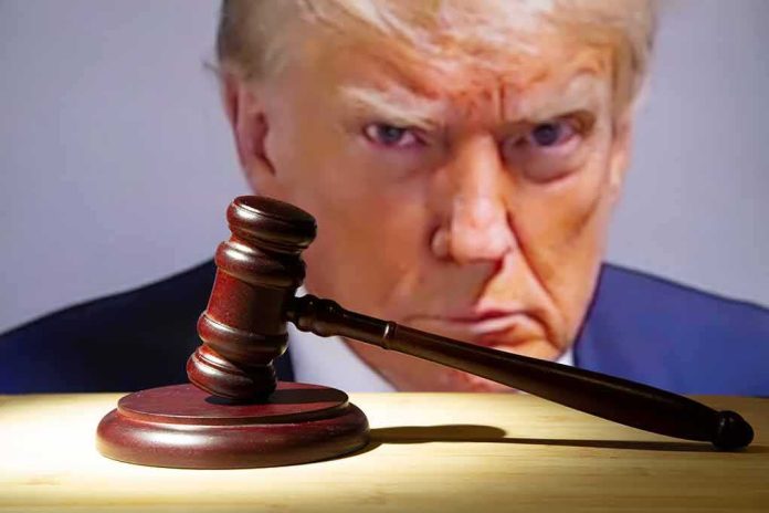 Donald Trump behind a judge’s gavel on a wooden desk
