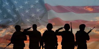 Soldiers saluting at sunset with American flag overlay