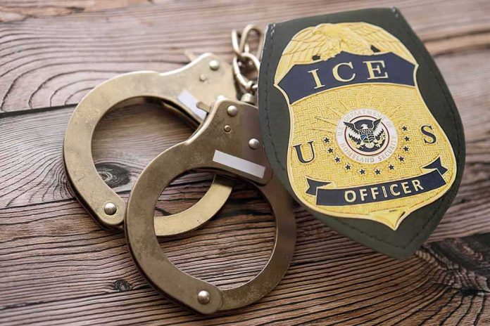 shutterstock_2685671641 ICE officer badge and handcuffs on wooden surface