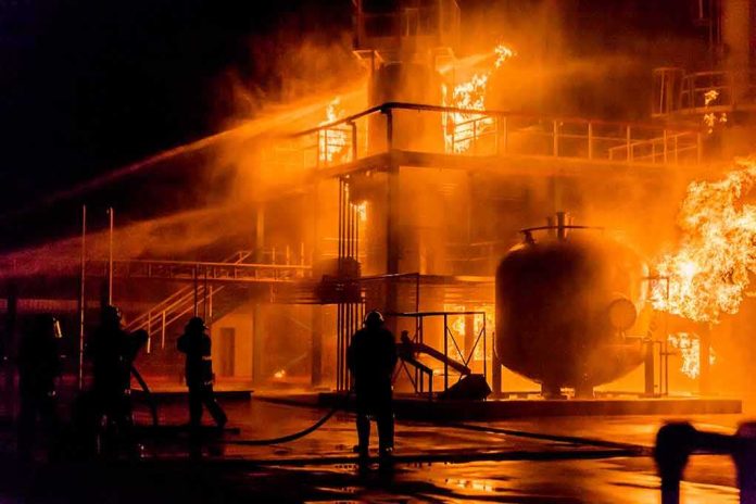 Firefighters battle industrial facility blaze at night