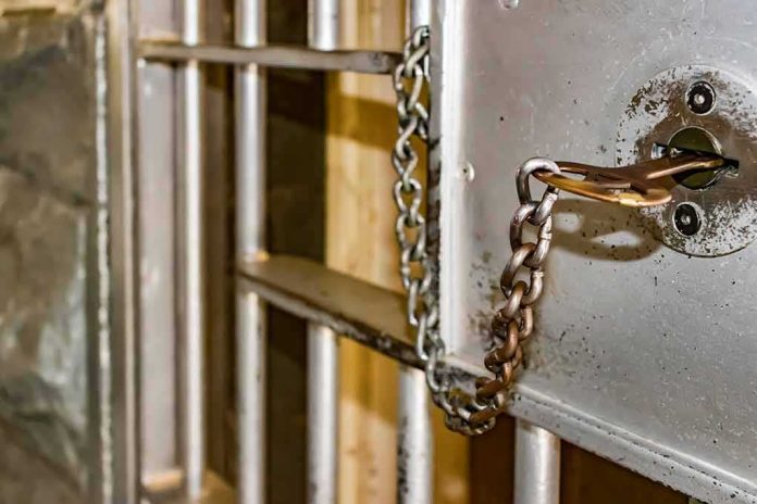 Prison cell door with key and chain in lock