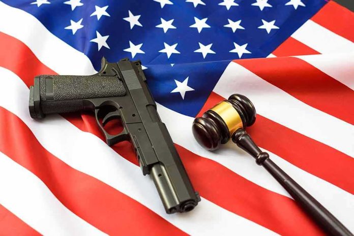 Handgun and judge’s gavel on American flag